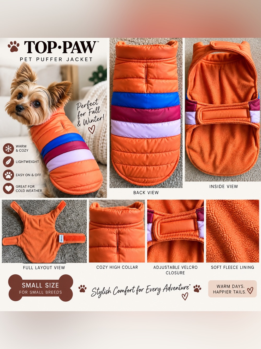 “Never Worn” Did not fit my pet — Top Paw Orange Stripe small Puffer Jacket